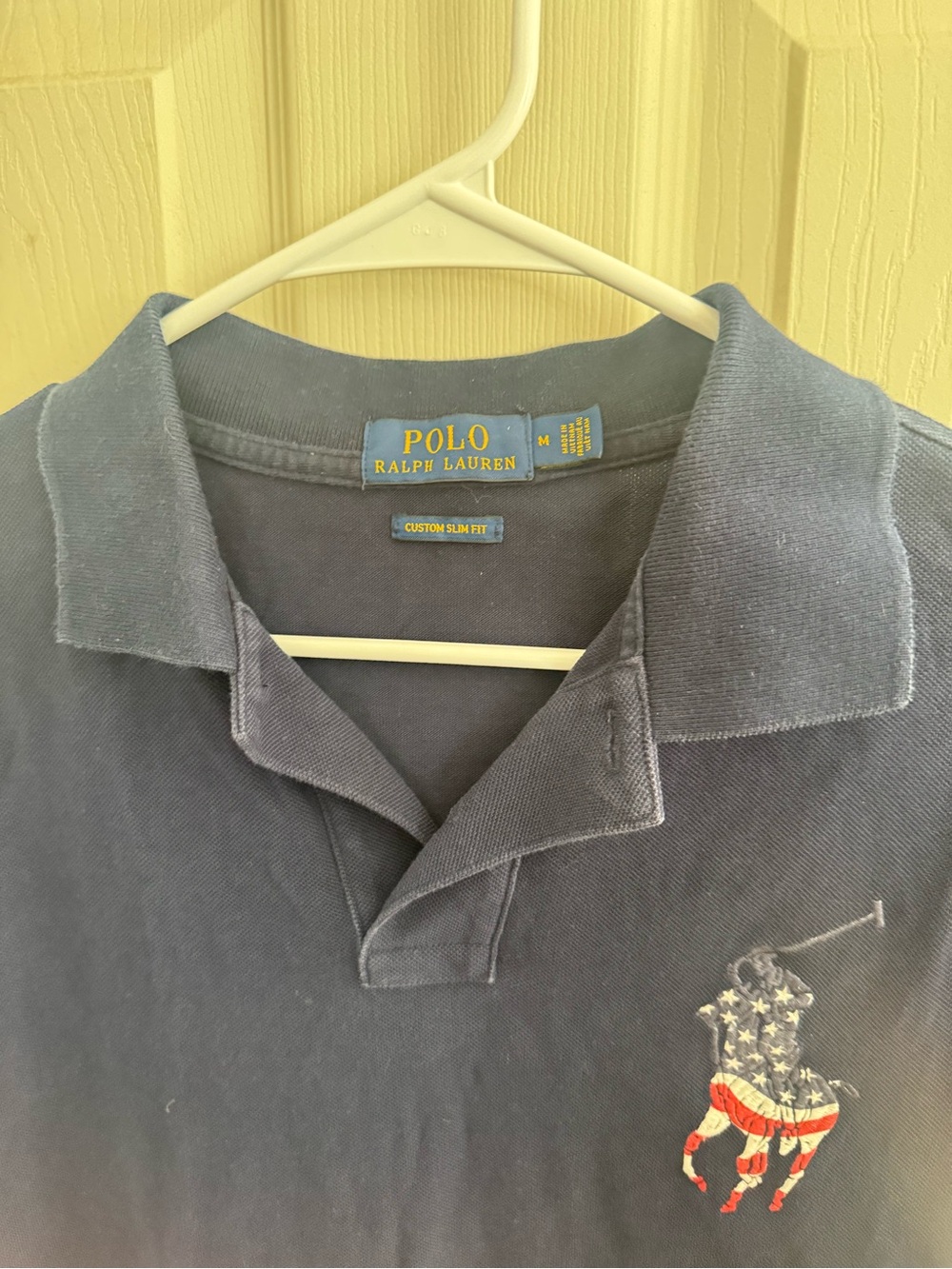 Polo Ralph Lauren Polo Shirt Mens Medium Blue Custom Slim Fit USA Flag Big Pony - Picture 3 of 8